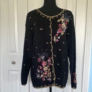 Beautiful Rare Tiara Woman 22/24 Knit Black Cardigan with Floral Embroidery